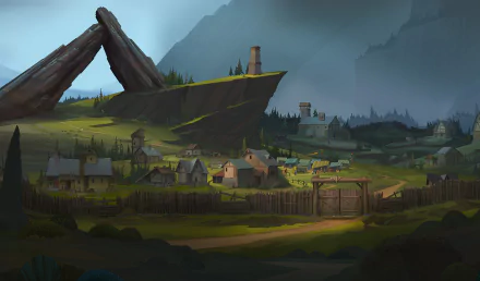 HD desktop wallpaper of a pastoral village from Ash of Gods: Redemption with a dramatic, mist-shrouded landscape in the background.