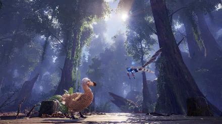 HD desktop wallpaper from ARK Park featuring a majestic forest with towering trees and a dodo bird, with sunbeams filtering through the foliage.