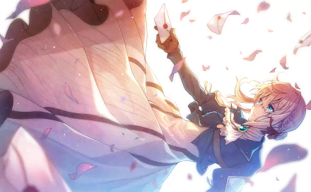 HD desktop wallpaper and background of the anime character Violet Evergarden, featuring a beautifully illustrated scene with Violet holding a letter amidst falling petals.