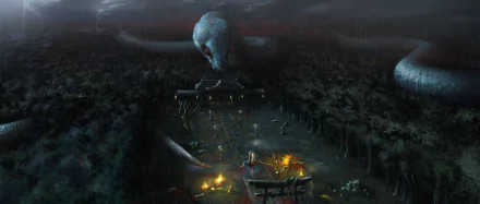 Nadeko Sengoku stands in the rain before a shrine, with the serpent form of Kiss-shot Acerola-orion Heart-under-blade looming in the dark sky. The eerie scene is set as a HD wallpaper, featuring characters from Monogatari.