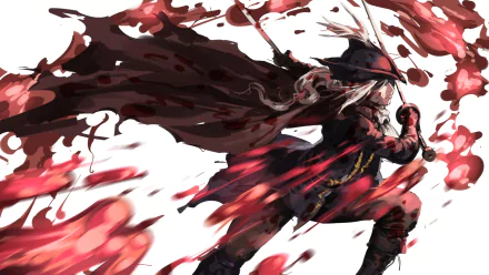 HD PC desktop wallpaper featuring Lady Maria from the video game Bloodborne, depicted in dynamic motion with flowing red and black hues.