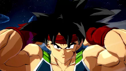HD desktop wallpaper featuring Bardock from Dragon Ball FighterZ, showcasing his intense expression and battle-ready pose against a cosmic background.