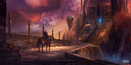 A majestic floating island looms above a warrior on horseback, with a wizard by his side. This enchanting scene captures the essence of fantasy and magic in vivid detail.