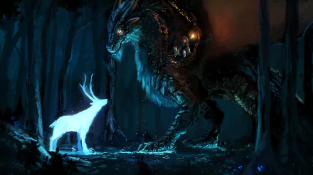 A fantasy night forest scene depicting a glowing deer facing a large dragon, with a little girl and a cat nearby, in vivid HD desktop wallpaper quality.