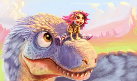 A little boy with pink hair joyfully rides on the head of a friendly dinosaur in a vibrant fantasy landscape, depicted in a high-definition PC desktop wallpaper style.