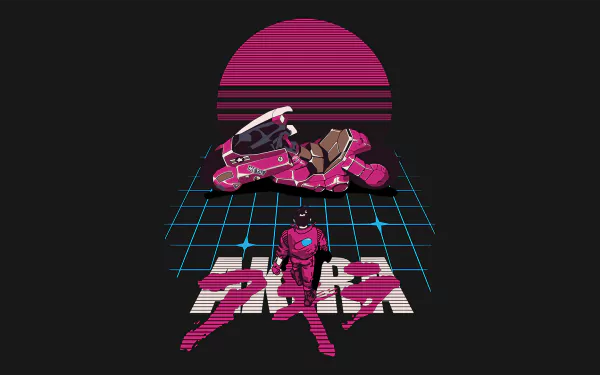 HD desktop wallpaper featuring Shotaro Kaneda from the anime Akira alongside his neon motorcycle, set against a retro grid background with a stylized pink sunset.