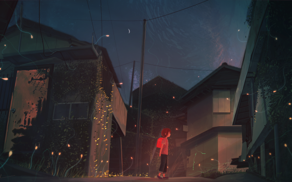 Anime Original Road Night House HD Wallpaper | Background Image