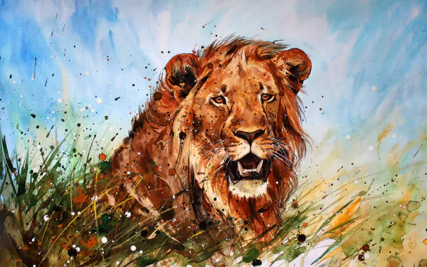 A vivid watercolor painting of a lion among abstract grassy splashes, serving as an HD desktop wallpaper and background.