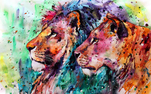 Vibrant watercolor painting of two lions in a colorful, artistic style, blending nature and bold colors for an HD PC desktop wallpaper background.