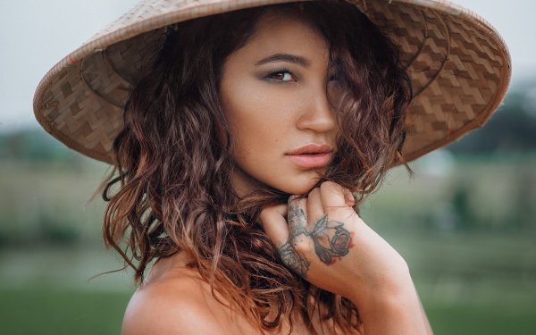 Women Model Tattoo Asian Conical Hat Brunette Face Depth Of Field Brown Eyes HD Wallpaper | Background Image