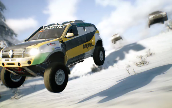 HD desktop wallpaper of rally cars racing on a gravel road with snow-covered surroundings.