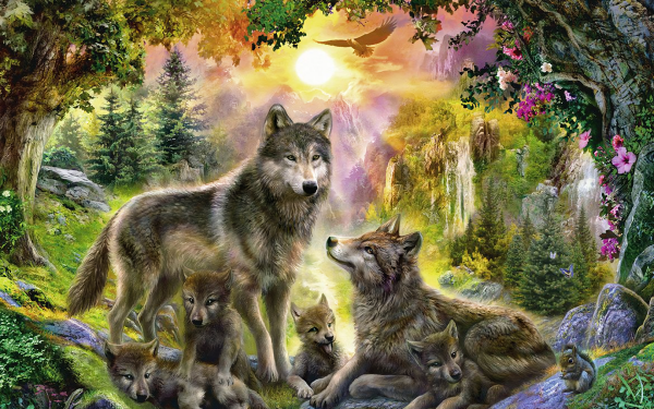 Artistic Painting Wolf Tree Waterfall Cub Baby Animal HD Wallpaper | Background Image