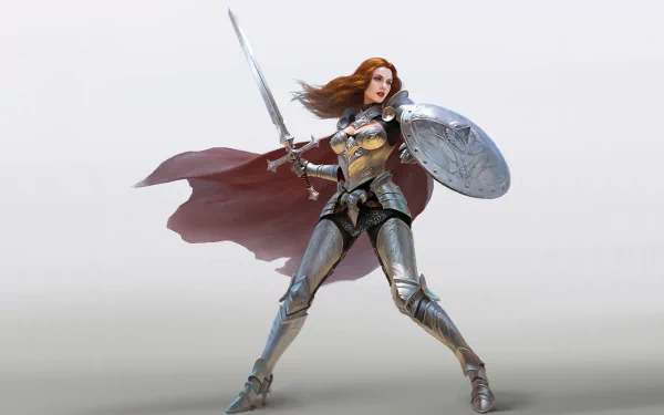 A redhead woman warrior in armor wields a sword and shield, her red lipstick contrasting with the fantasy-themed battle-ready pose against a neutral background.