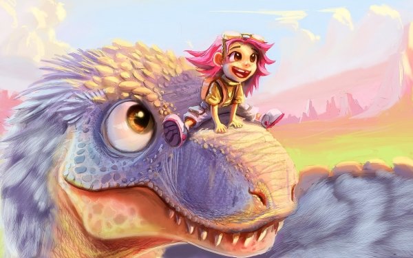 Fantasy Child Pink Hair Little Boy Dinosaur HD Wallpaper | Background Image