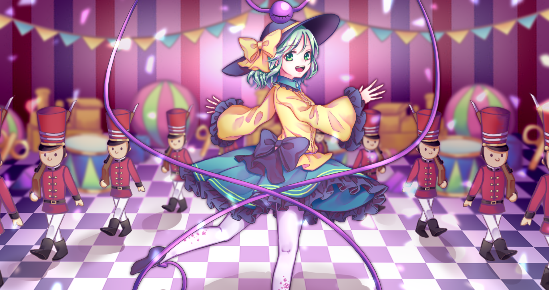 HD anime desktop wallpaper featuring Koishi Komeiji from Touhou, surrounded by toy soldiers and colorful festive decorations.