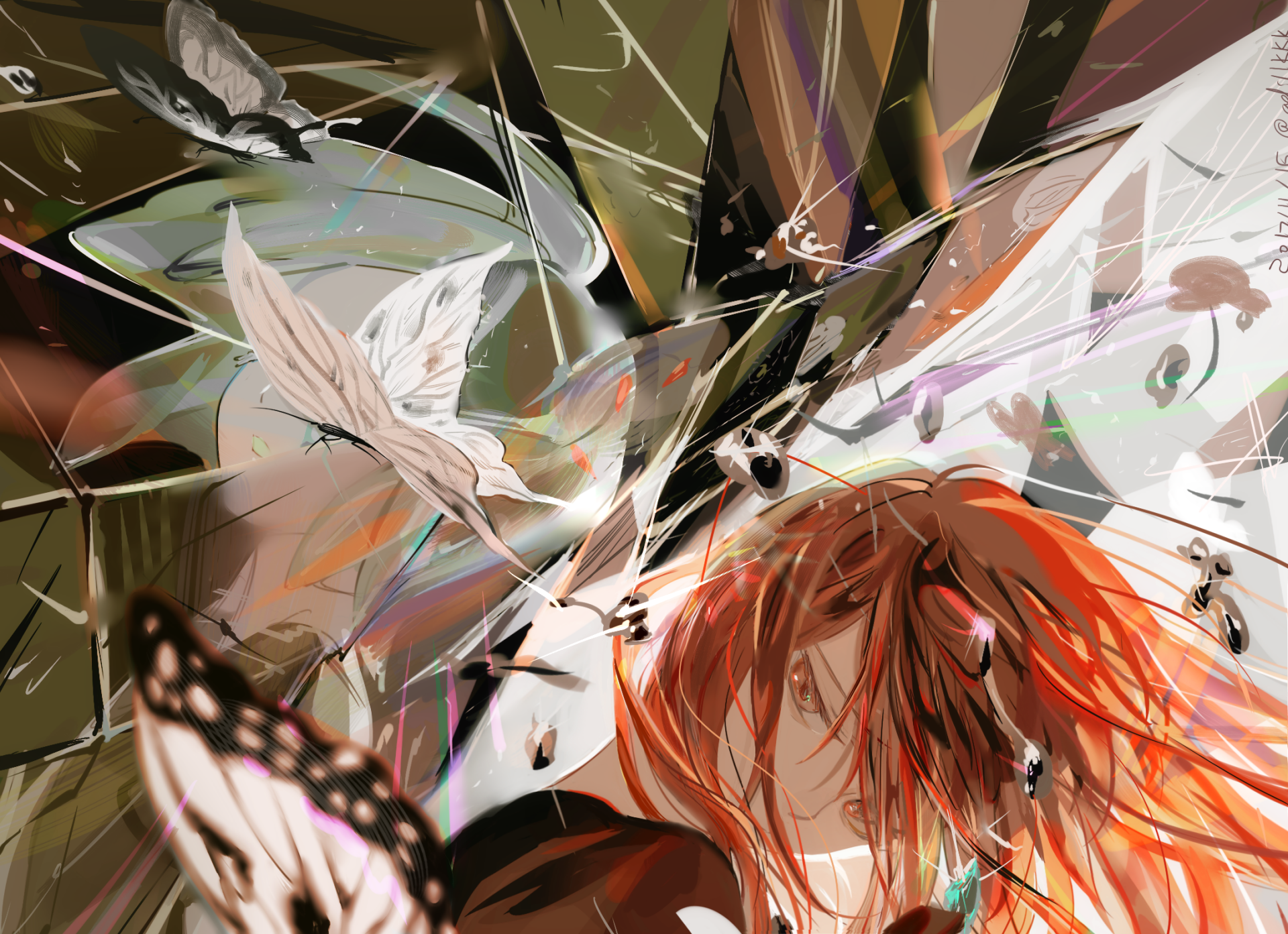 HD anime wallpaper featuring Phosphophyllite and Cinnabar from Land of the Lustrous, surrounded by abstract butterflies and dynamic light effects.