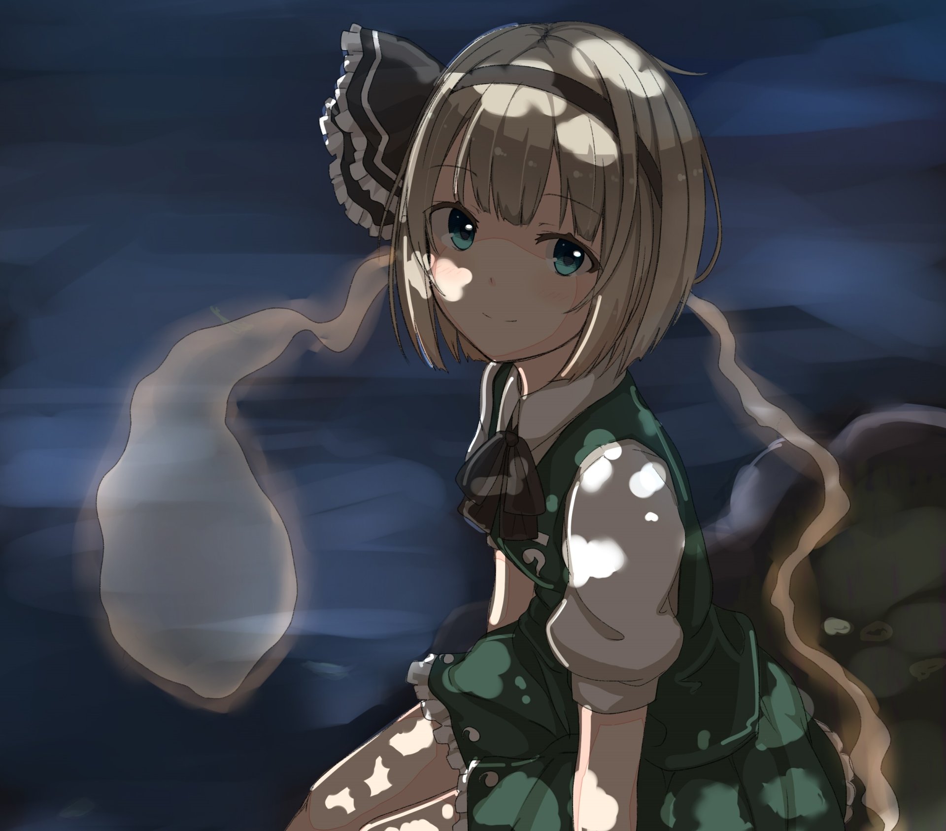 HD anime desktop wallpaper featuring Youmu Konpaku from Touhou, depicted with soft lighting and a calm expression against a dark, blurred background.