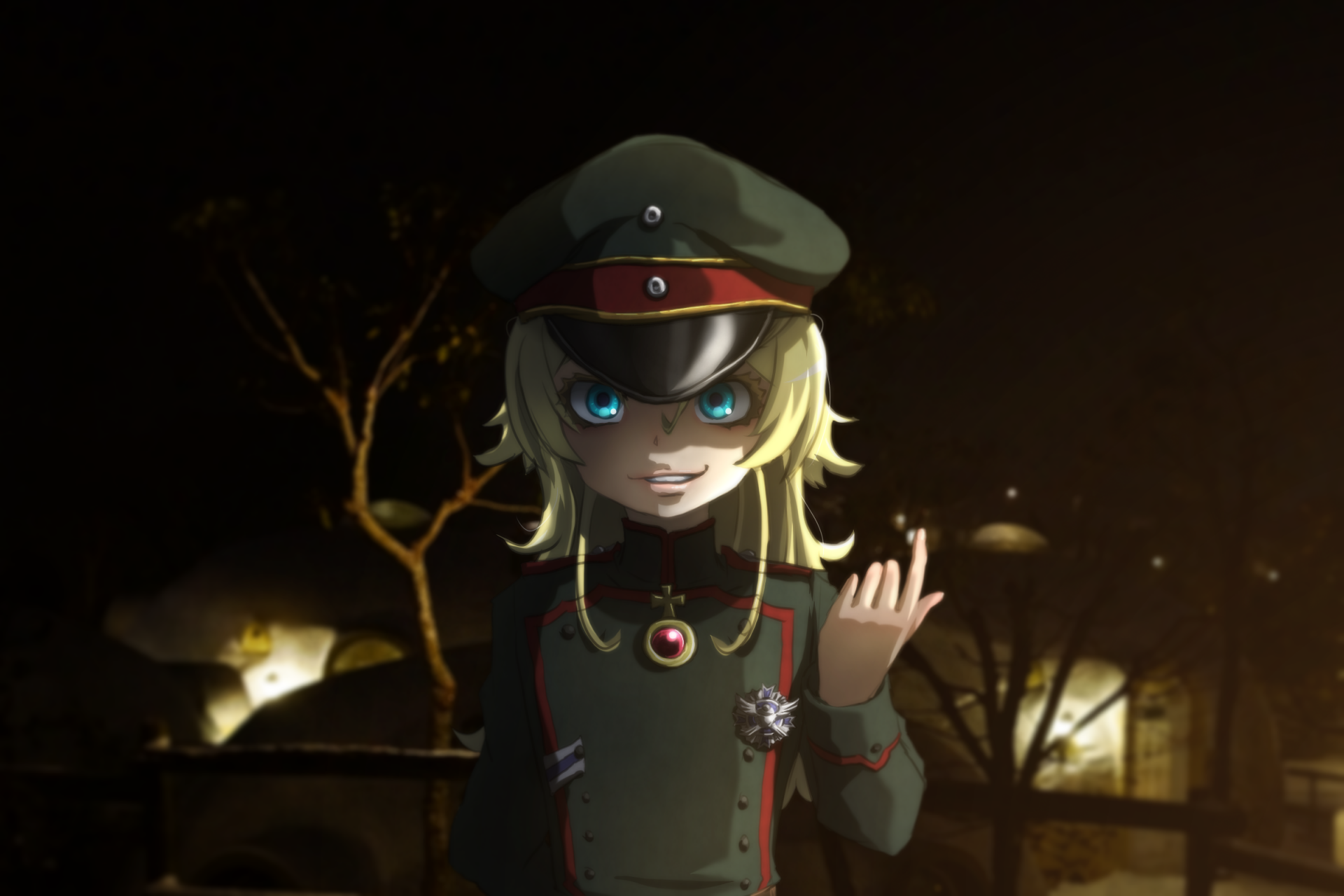 Anime HD PC desktop wallpaper and background: Tanya Degurechaff from The Saga of Tanya the Evil — blonde, blue-eyed girl in a military cap and uniform, smirking against a dark, war-torn night scene.