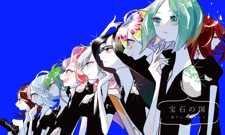 4K Ultra HD desktop wallpaper featuring characters Morganite, Jade, Rutile, Goshenite, Euclase, Diamond, Cinnabar, Bort, and Phosphophyllite from the anime Land of the Lustrous.