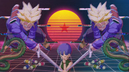Vaporwave-style HD wallpaper featuring Trunks and Bulma from Dragon Ball Z and Dragon Ball Super with a retro sunset and digital grid background.