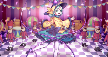 HD anime desktop wallpaper featuring Koishi Komeiji from Touhou, surrounded by toy soldiers and colorful festive decorations.