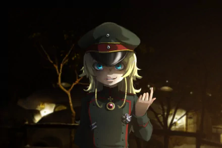 Anime HD PC desktop wallpaper and background: Tanya Degurechaff from The Saga of Tanya the Evil — blonde, blue-eyed girl in a military cap and uniform, smirking against a dark, war-torn night scene.