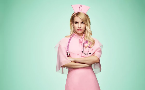 Blonde actress Emma Roberts dressed as a nurse from the TV show Scream Queens in a 4K Ultra HD desktop wallpaper with a pastel teal background.