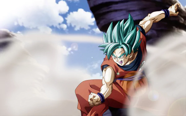 HD desktop wallpaper featuring Goku in his Super Saiyan Blue form from Dragon Ball Super, set against a dynamic background with clouds and rocky formations.