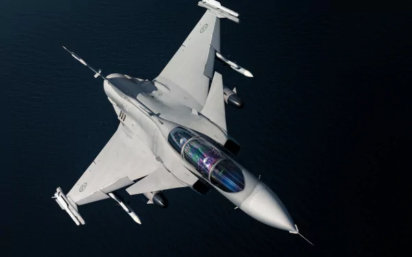 HD desktop wallpaper featuring a sleek Saab JAS 39 Gripen jet fighter soaring against a dark background, showcasing its military warplane design.