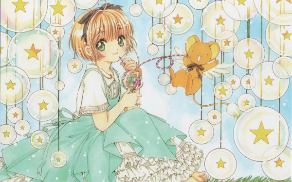 HD anime desktop wallpaper featuring Sakura Kinomoto and Keroberos from Cardcaptor Sakura, surrounded by glowing star-adorned bubbles in a whimsical setting.