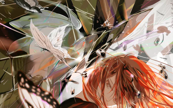 HD anime wallpaper featuring Phosphophyllite and Cinnabar from Land of the Lustrous, surrounded by abstract butterflies and dynamic light effects.