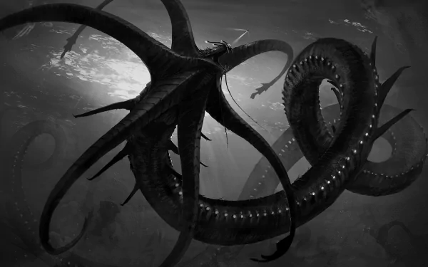 4K Ultra HD underwater scene from the video game Subnautica features a massive, tentacled creature gliding through the deep ocean.