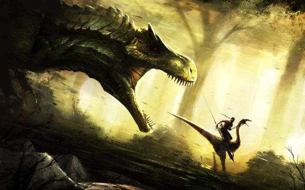 Tyrannosaurus Rex lance dinosaur fantasy warrior fantasy warrior HD Desktop Wallpaper | Background Image