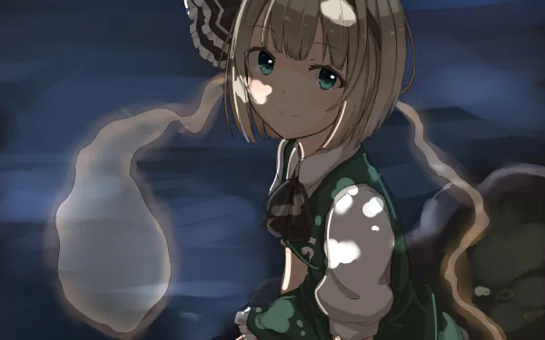 HD anime desktop wallpaper featuring Youmu Konpaku from Touhou, depicted with soft lighting and a calm expression against a dark, blurred background.