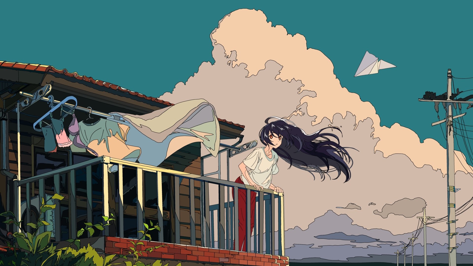 Anime original 4K Ultra HD PC wallpaper: long-haired girl on a balcony, wind-tossed hair and laundry, paper plane against dramatic clouds.