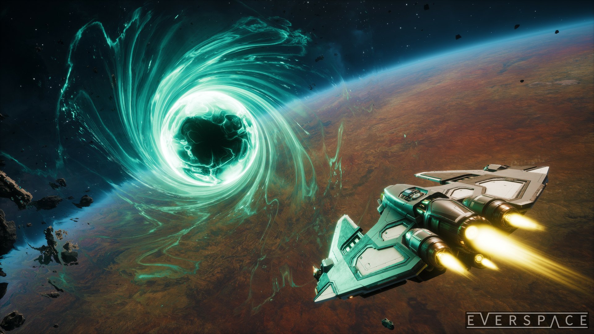HD desktop wallpaper featuring a spaceship from Everspace flying towards a vibrant green wormhole in space.