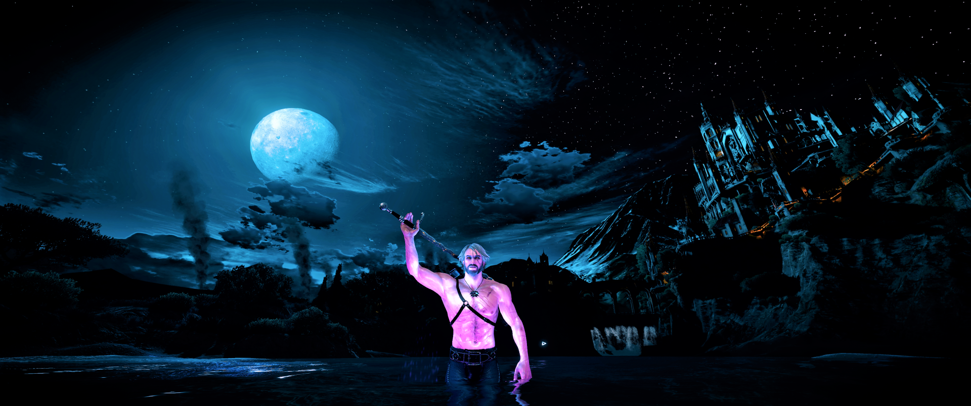 Geralt of Rivia stands shirtless under a glowing full moon with a dark fantasy castle in the background, from The Witcher 3: Wild Hunt - Blood and Wine, HD PC wallpaper.