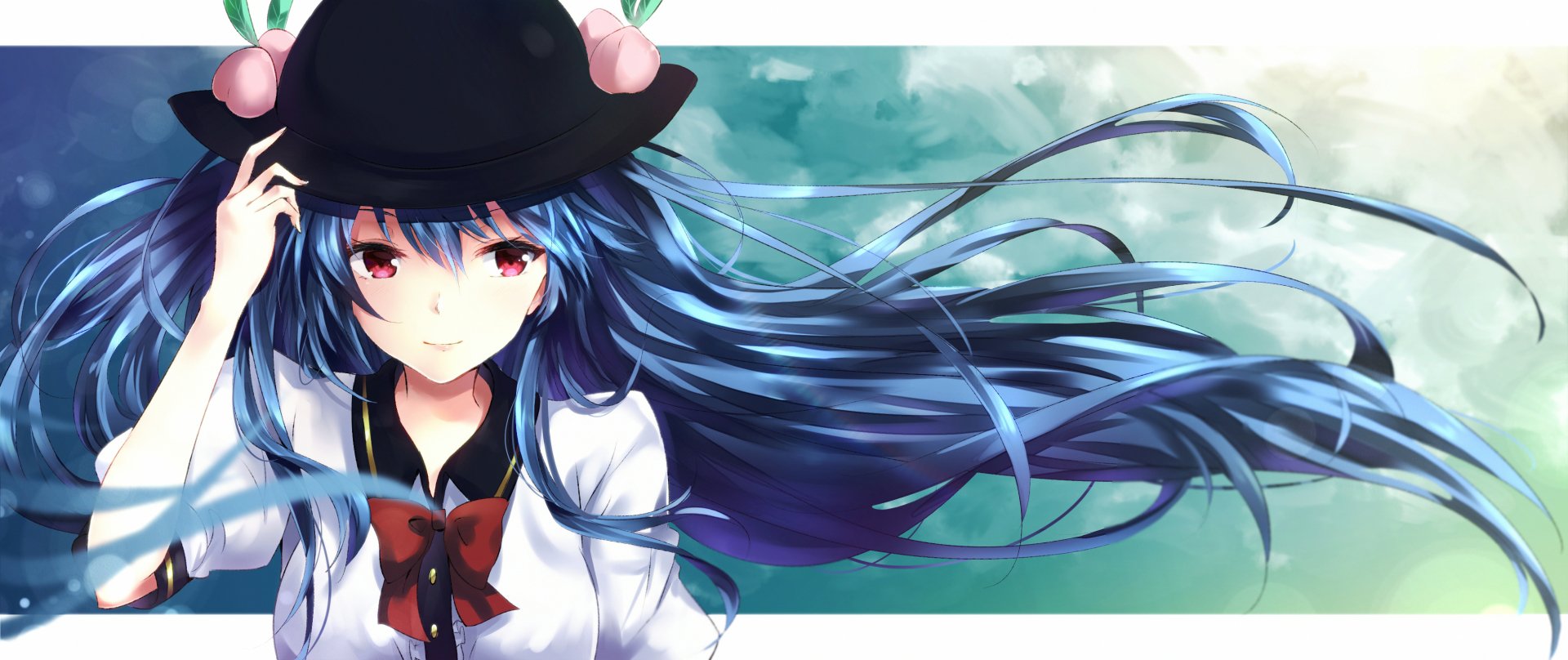 HD PC desktop wallpaper featuring Tenshi Hinanawi from Touhou, showcasing her flowing blue hair and black hat against a serene, soft blue-green background.