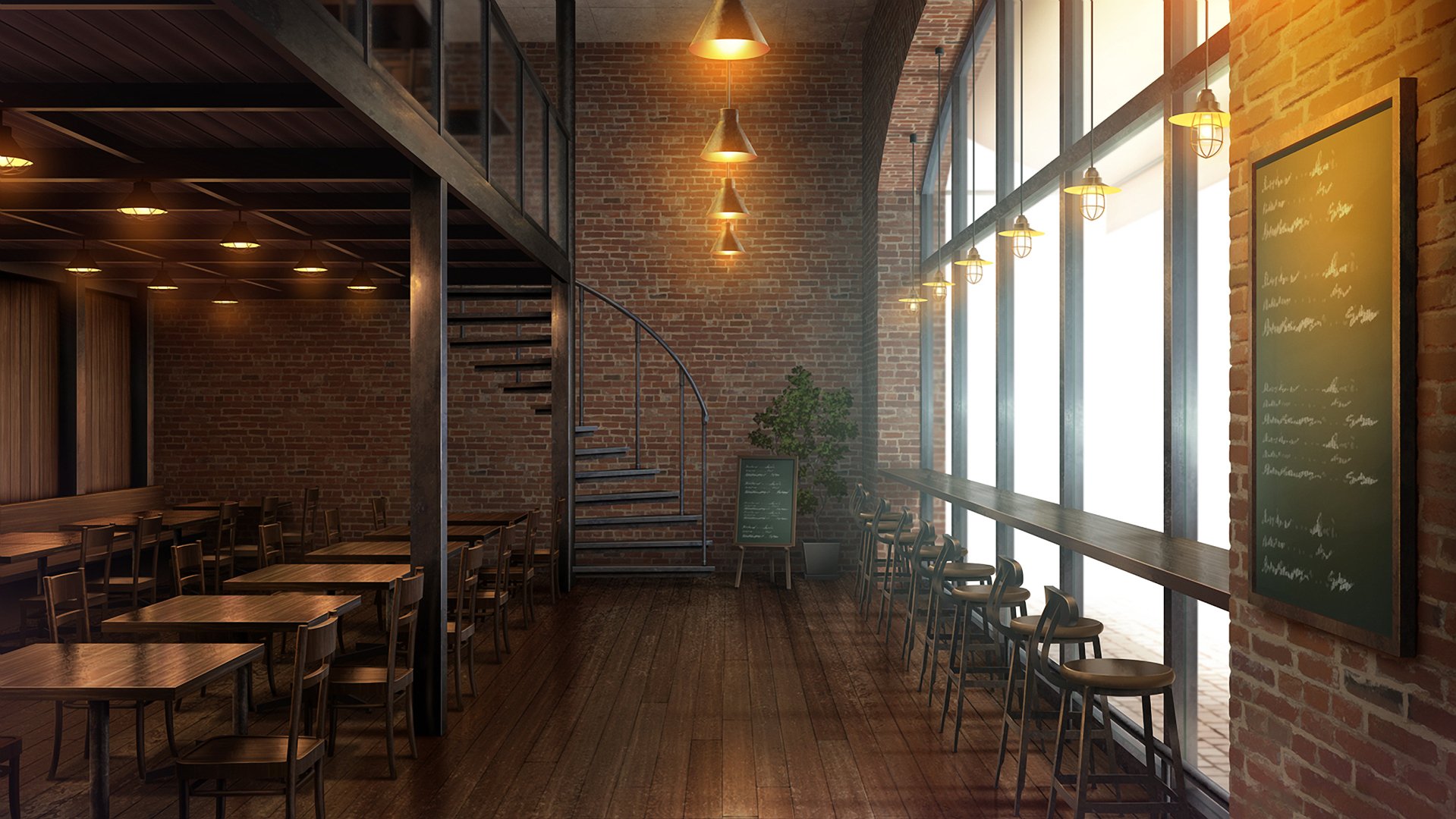 HD anime-inspired original room depicting a cozy classroom with wooden floors, brick walls, large windows, and a spiral staircase, used as a PC desktop wallpaper.