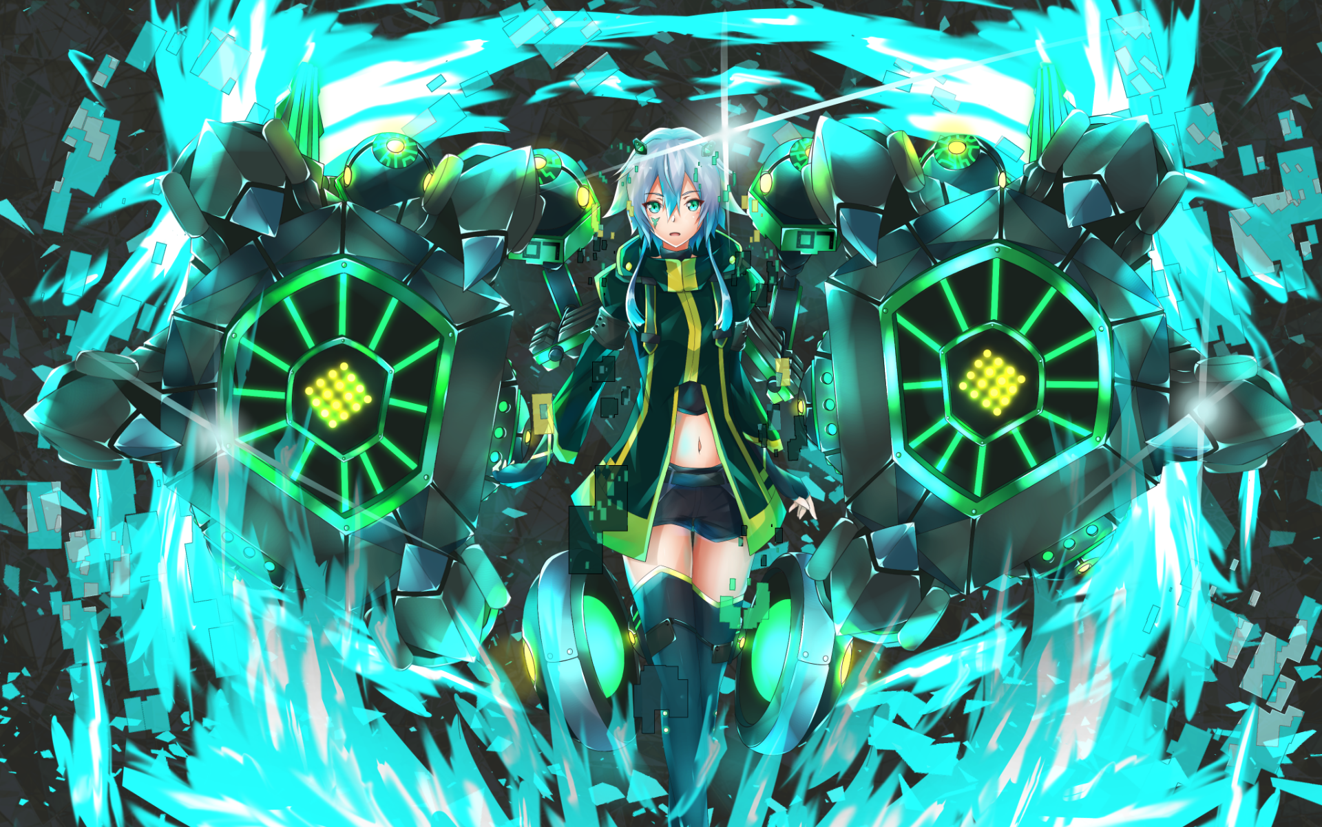 HD desktop wallpaper featuring an original anime character with blue hair in a futuristic robotic suit. The scene is vibrant with glowing green and blue accents.