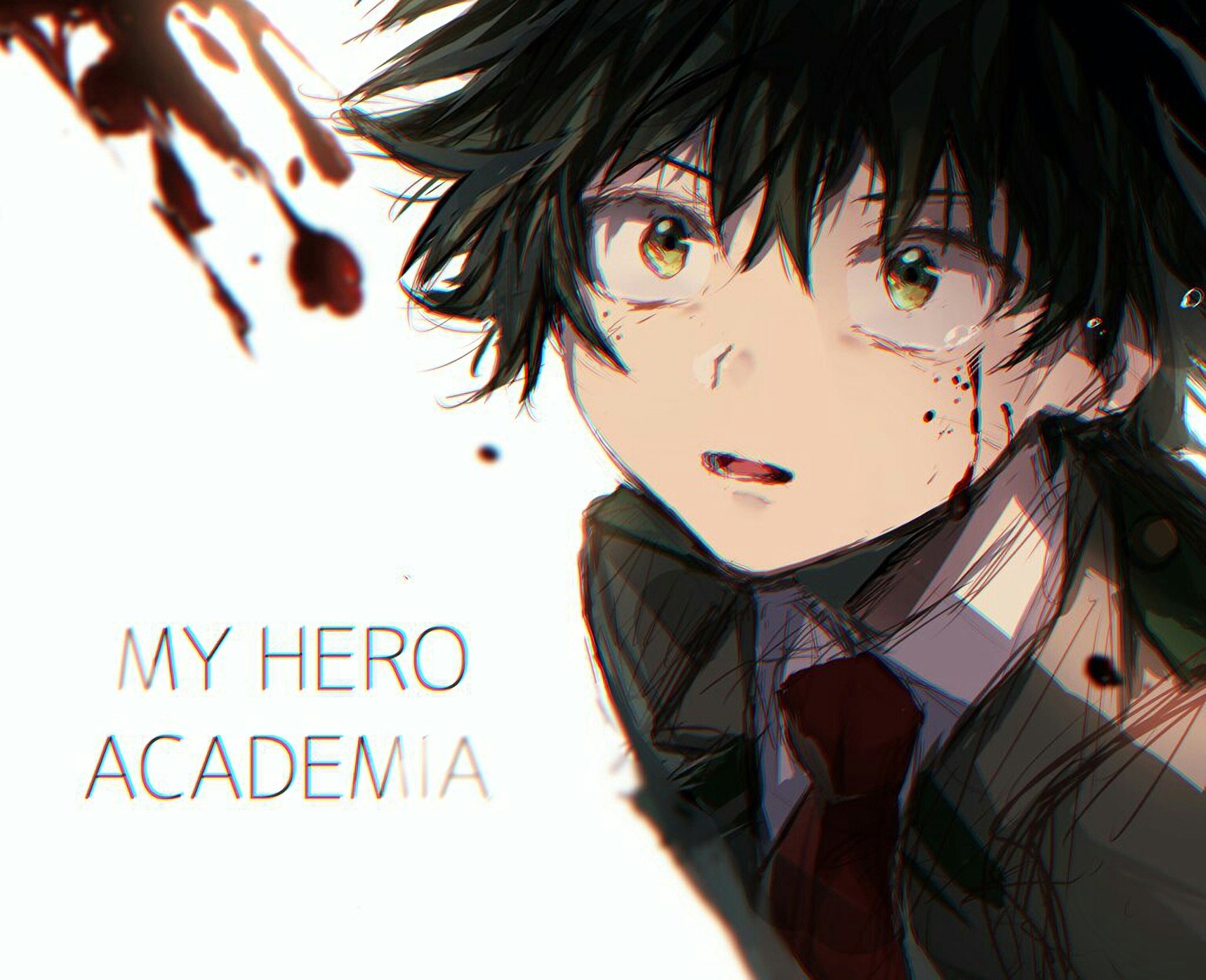 HD desktop wallpaper featuring Izuku Midoriya from the anime My Hero Academia, with a close-up of his determined face.