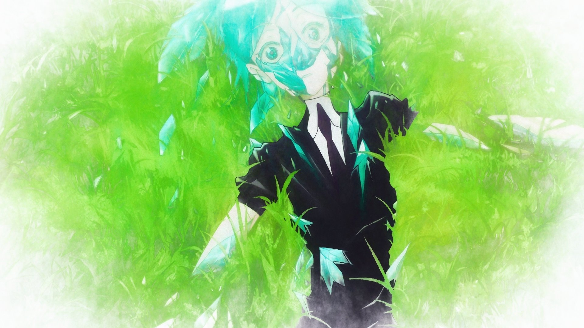 Phosphophyllite (Land of the Lustrous), anime HD PC desktop wallpaper: green crystalline hair, gem-like character in a black suit lying amid glowing, grassy background.