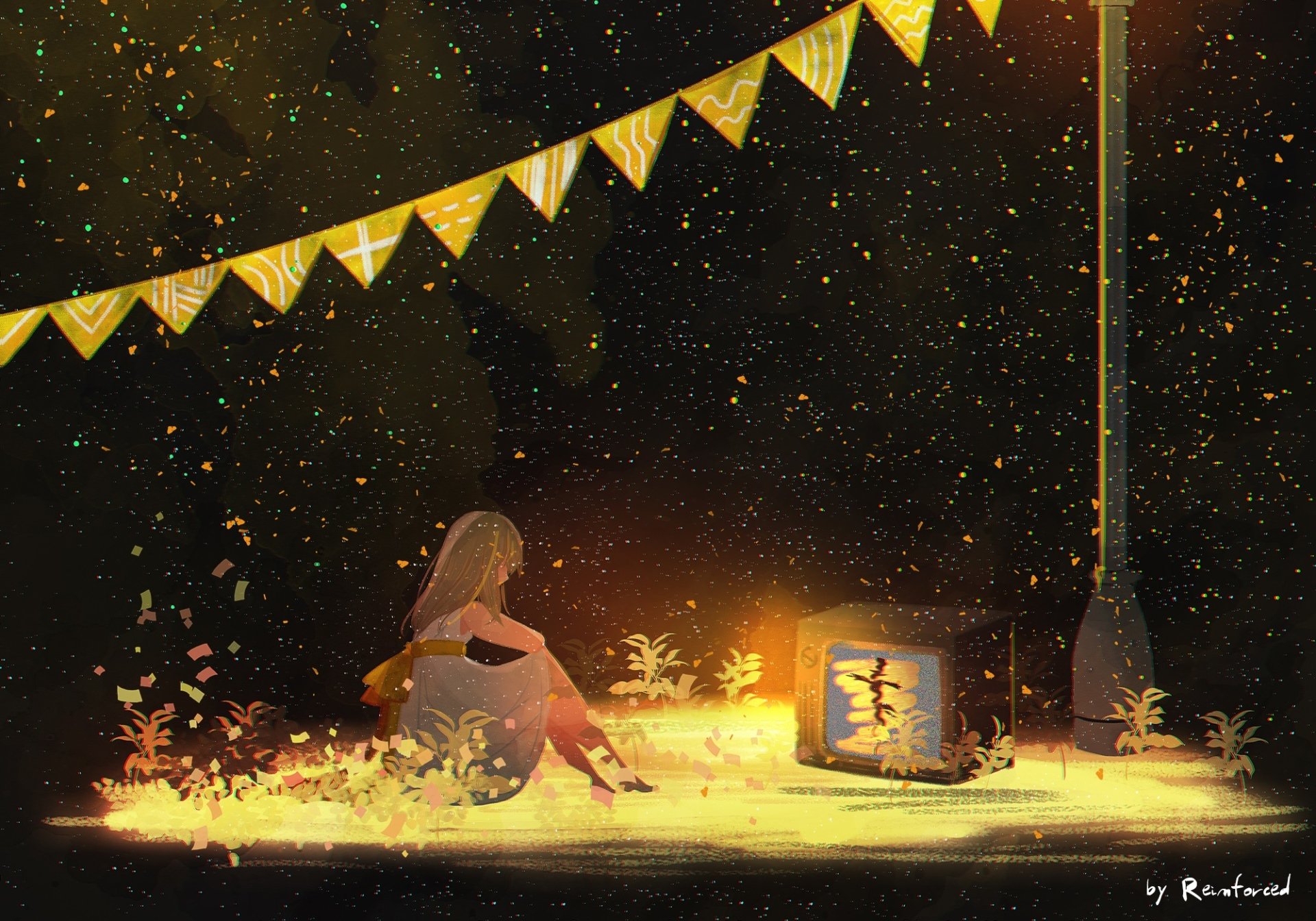 An original anime-style HD desktop wallpaper featuring a blonde character with long hair and a bow, sitting near a glowing vintage television under festive bunting.