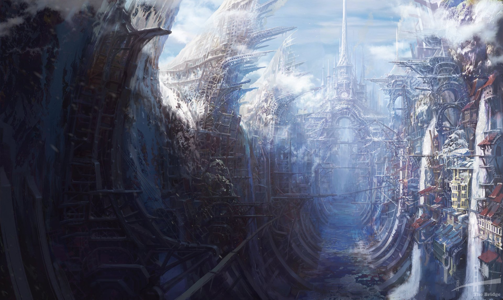 A towering fantasy cityscape with intricate buildings and spires enveloped in mist, rendered in high detail as an HD PC desktop wallpaper background.