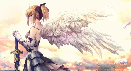 HD desktop wallpaper featuring Saber Lily from the Fate Series anime, depicted with angelic wings and holding a sword against a picturesque sky backdrop.