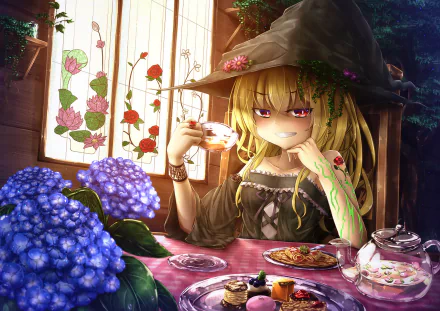 Anime original HD PC desktop wallpaper depicting a girl with a witch hat sipping tea in a sunlit room filled with blooming flowers and vibrant blue hydrangeas.