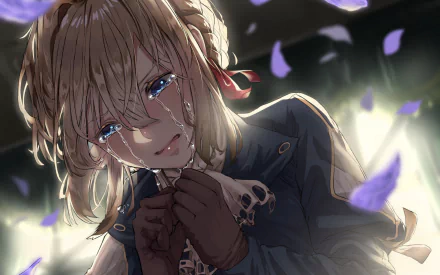 HD desktop wallpaper featuring Violet Evergarden, the anime character, with tears in her eyes, holding a letter, and surrounded by violet petals.