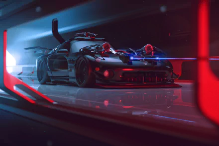 Sci-fi artistic HD PC desktop wallpaper: sleek futuristic car/vehicle in a neon-lit tunnel, reflective floor and cinematic red-blue glow.