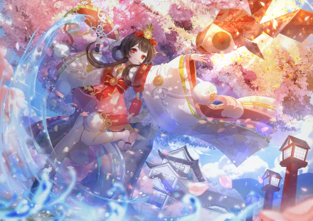 HD Anime Onmyoji desktop wallpaper featuring a female character in traditional attire, surrounded by cherry blossoms, paper lanterns, and a vibrant, mystical atmosphere.