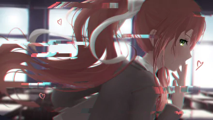 HD glitch art wallpaper featuring Monika from Doki Doki Literature Club!, a video game. The image has a digital distortion effect with heart icons in the background.